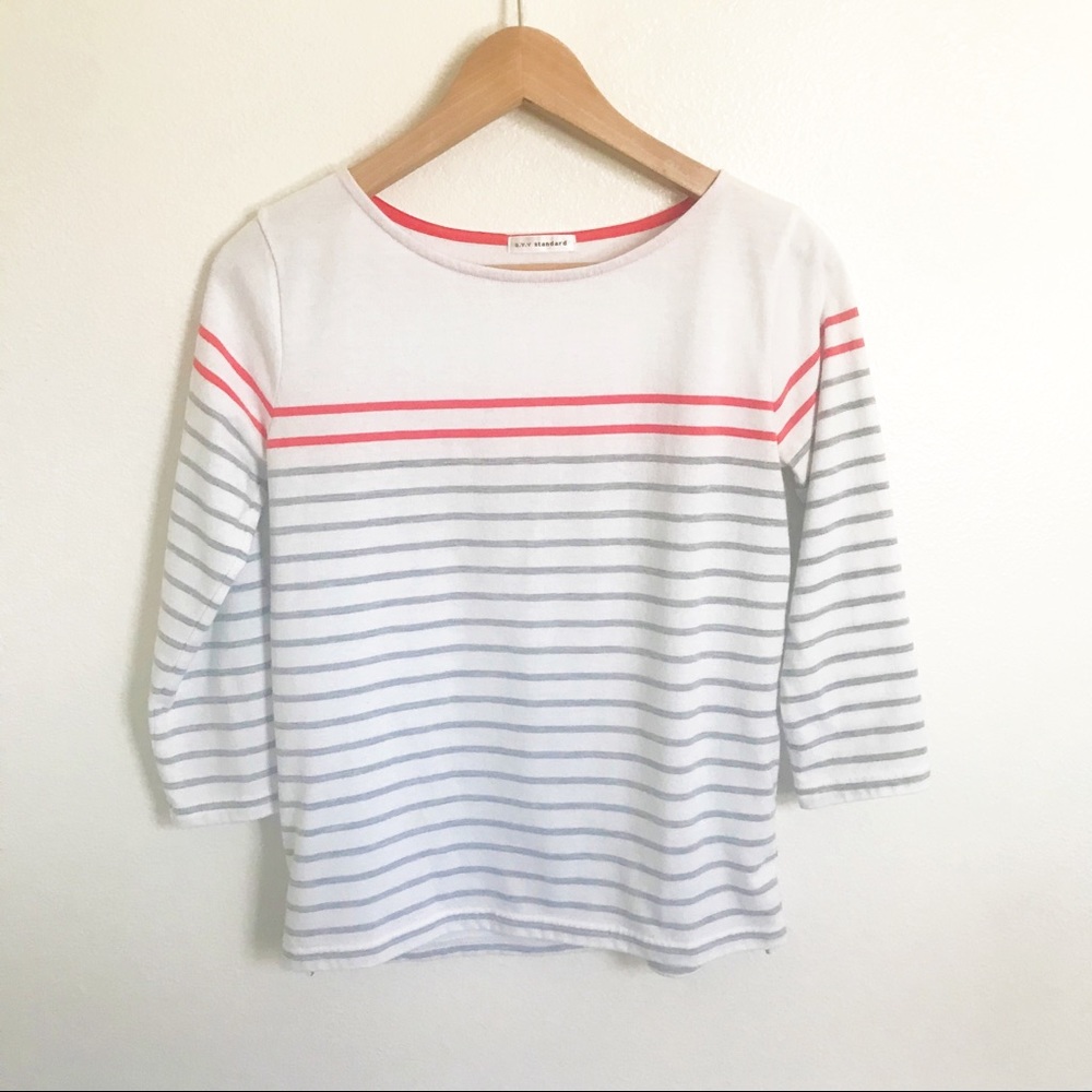 A.V.V. STANDARD White + Grey Stripe 3/4 Sleeve Top
